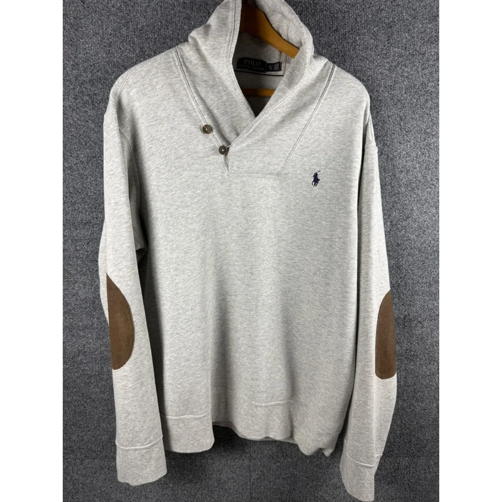 Polo Ralph Lauren Shawl Collar Sweatshirt Gray Elbow Patches Mens XL Fleece